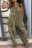Macacão regular com estampa de leopardo moda casual estampa patchwork sem costas