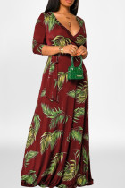 ブルゴーニュファッションカジュアルプリントパッチワークVネックロングドレス