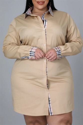 Robe chemise à col rabattu à imprimé patchwork à la mode décontractée de grande taille kaki