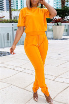 Оранжевый модный повседневный однотонный пэчворк с круглым вырезом и коротким рукавом из двух частей