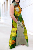 Green Fashion Casual Plus Size Print Patchwork Turndown Collar Shirt Dress