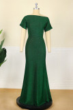グリーンファッションプラスサイズソリッドパッチワークOネックイブニングドレス