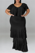 Zwarte mode casual plus size effen patchwork O-hals jurk met korte mouwen