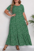 Grüne Mode Casual Plus Size Print Patchwork O-Ausschnitt Kurzarmkleid