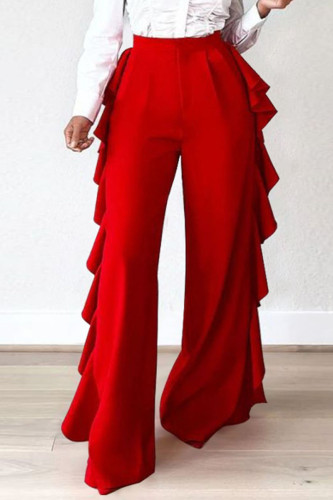 Calças de baixo retas de cor sólida casual com babados de cintura alta vermelha