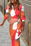 Orange Mode Casual Print Bandage Patchwork Turndown-krage Långärmade klänningar