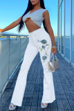 Jeans in denim regolari a vita alta con stampa casual bianca alla moda