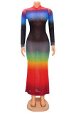 Цветные модные пикантные платья с принтом в стиле пэчворк с постепенным изменением, прозрачные платья с высоким вырезом и длинными рукавами