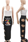 Black Sexy Print Hollowed Out Patchwork V Neck One Step Skirt Dresses