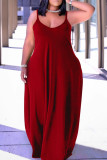 Bourgondische sexy casual plus size effen rugloze lange jurk met spaghettibandjes
