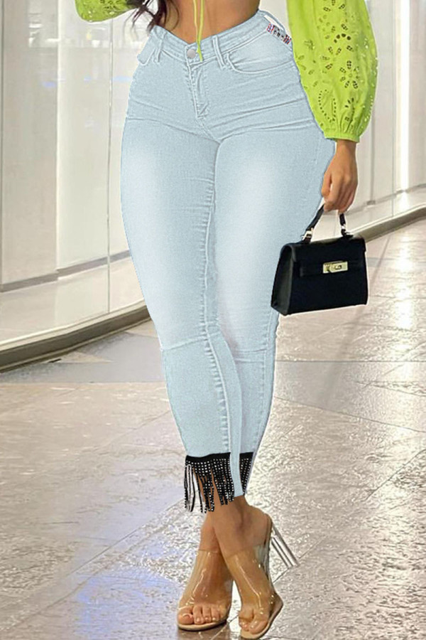 Lichtblauwe mode casual effen kwastjes patchwork hoge taille skinny denim jeans