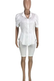 White Casual Solid Patchwork Buckle Mandarin Collar Short Sleeve Two Pieces