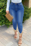 Ljusblått Mode Casual Patchwork Tofs Skinny Jeans med hög midja