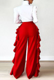 Red Fashion Casual Solid Flounce Straight High Waist Straight Solid Color Bottoms