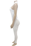 Weiße, sexy, durchsichtige, durchsichtige Patchwork-Overalls mit halbem Rollkragen