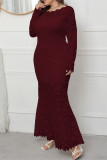 Paarsachtig rood mode sexy effen patchwork doorschijnende O-hals lange mouwen plus size jurken