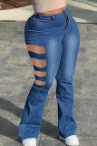 Blue Fashion Casual Solid Ripped Hollowed Out High Waist Skinny Denim Jeans