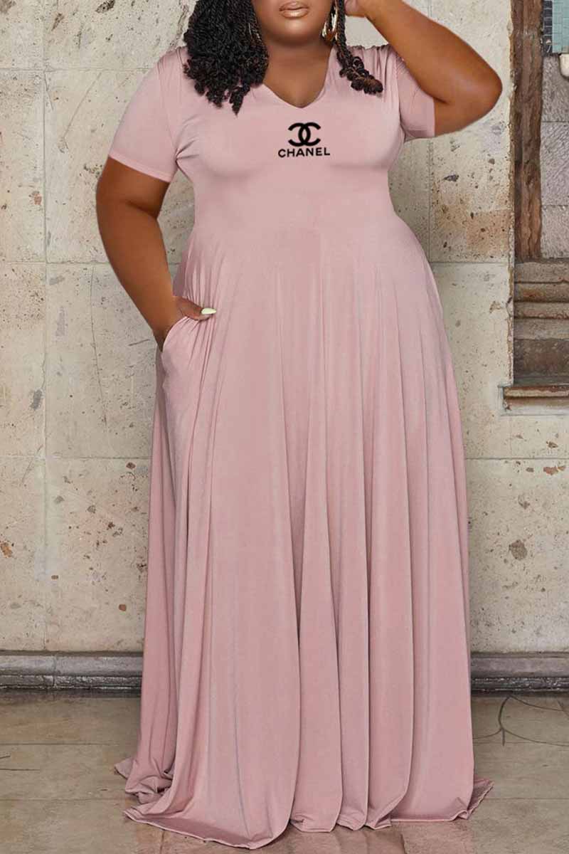 

Pink Fashion Elegant Print Letter V Neck Princess Plus Size Dresses