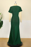 グリーンファッションプラスサイズソリッドパッチワークOネックイブニングドレス