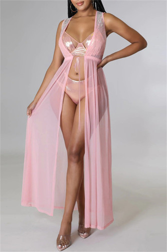 Set di tre pezzi di costumi da bagno trasparenti trasparenti alla moda rosa alla moda (senza imbottiture)