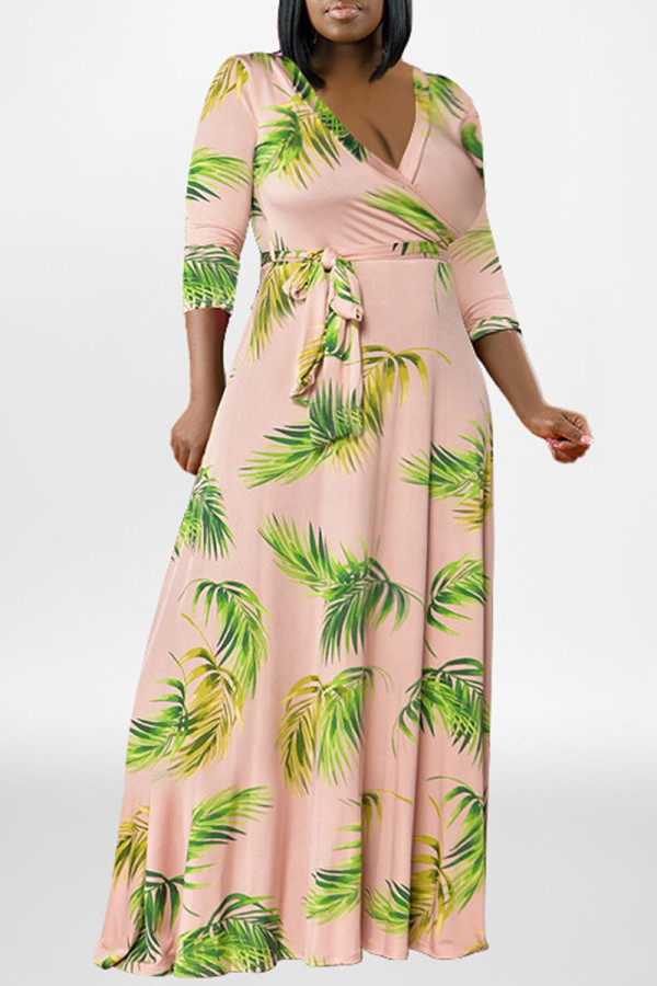 Roze mode casual plus size print patchwork v-hals lange jurk