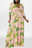 Marinblå Mode Casual Plus Size Print Patchwork V-hals lång klänning