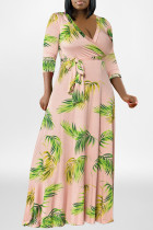 ピンクファッションカジュアルプラスサイズプリントパッチワークVネックロングドレス