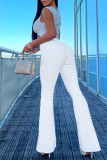 ホワイトファッションカジュアルプリントパッチワークハイウエストレギュラーデニムジーンズ