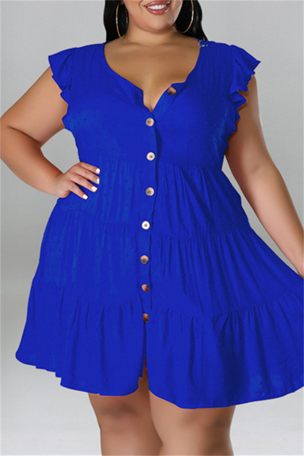 Blauwe mode casual plus size effen patchwork v-hals mouwloze jurk