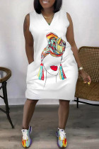 Weißes, modisches, lässiges Patchwork-Kleid mit V-Ausschnitt, ärmelloses Plus-Size-Kleid