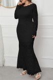Zwarte mode sexy effen patchwork doorschijnende O-hals lange mouwen plus size jurken