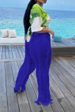 Blue Casual Solid Tassel Loose Mid Waist Wide Leg Solid Color Bottoms
