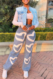 Babyblått Mode Casual Patchwork Leopard Cardigan O-hals ärmlös vanlig jeansjacka