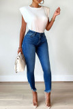 Deep Blue Fashion Casual Solid Patchwork High Waist Skinny Denim Jeans