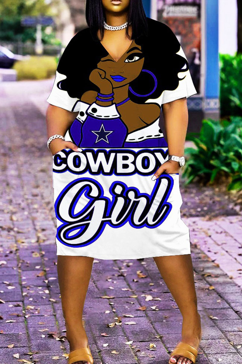 

White Blue Casual Print Patchwork V Neck Straight Dresses