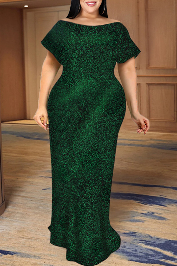 Vestido de noche con cuello en O de patchwork sólido de talla grande de moda verde
