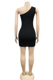Black Fashion Sexy Solid Hollowed Out Backless Oblique Collar Sleeveless Dress