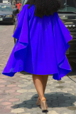 Синие модные однотонные платья-юбки с круглым вырезом и оборками