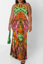 Orange grönt mode sexigt tryck urholkat o-hals ärmlös klänning Plus size klänningar