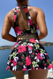 Rose Red Fashion Sexy Print Patchwork Backless Swimwears (With Paddings)