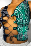 Green Fashion Sexy Print Bandage Hollowed Out Patchwork Asymmetrical Collar Tops