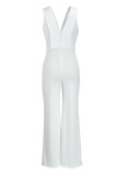 White Casual Elegant Solid Patchwork V Neck Straight Jumpsuits