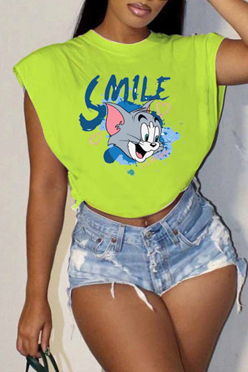 

Green Fashion Casual Character Print Letter O Neck T-Shirts