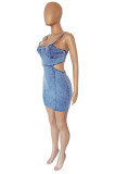 Light Blue Fashion Sexy Solid Patchwork Backless Spaghetti Strap Sleeveless Skinny Denim Dresses