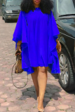 ブルーファッションソリッドフラウンスOネックケーキスカートドレス