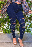 Azul escuro moda casual sólido rasgado patchwork correntes cintura alta jeans skinny