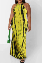 Svart gul mode sexigt tryck urholkat o-hals ärmlös klänning Plus size klänningar