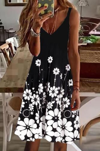Black Sexy Casual Print Backless V Neck Sling Dress