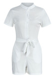 White Casual Solid Bandage Patchwork Buckle Mandarin Collar Straight Rompers