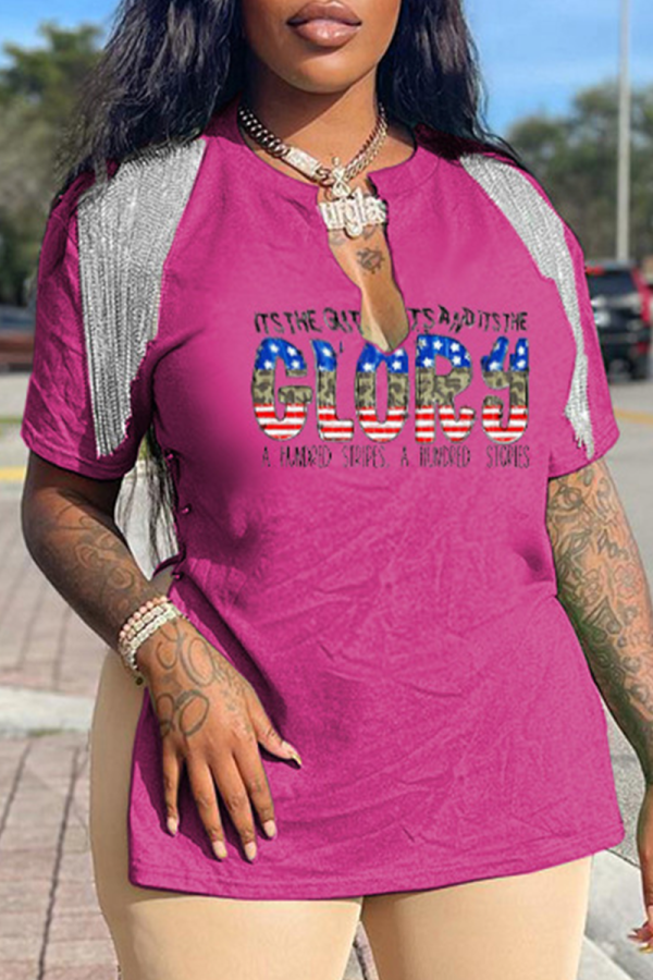 Camisetas roxas com estampa de moda com borla e gola V
